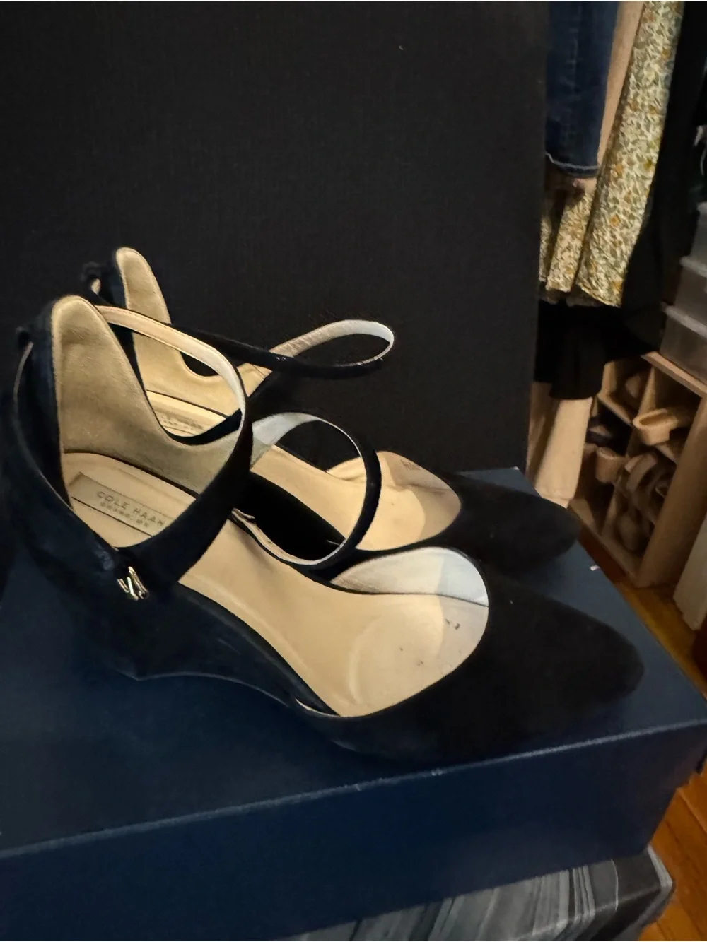 Cole Haan Black Suede Mary Jane Wedge Pumps
